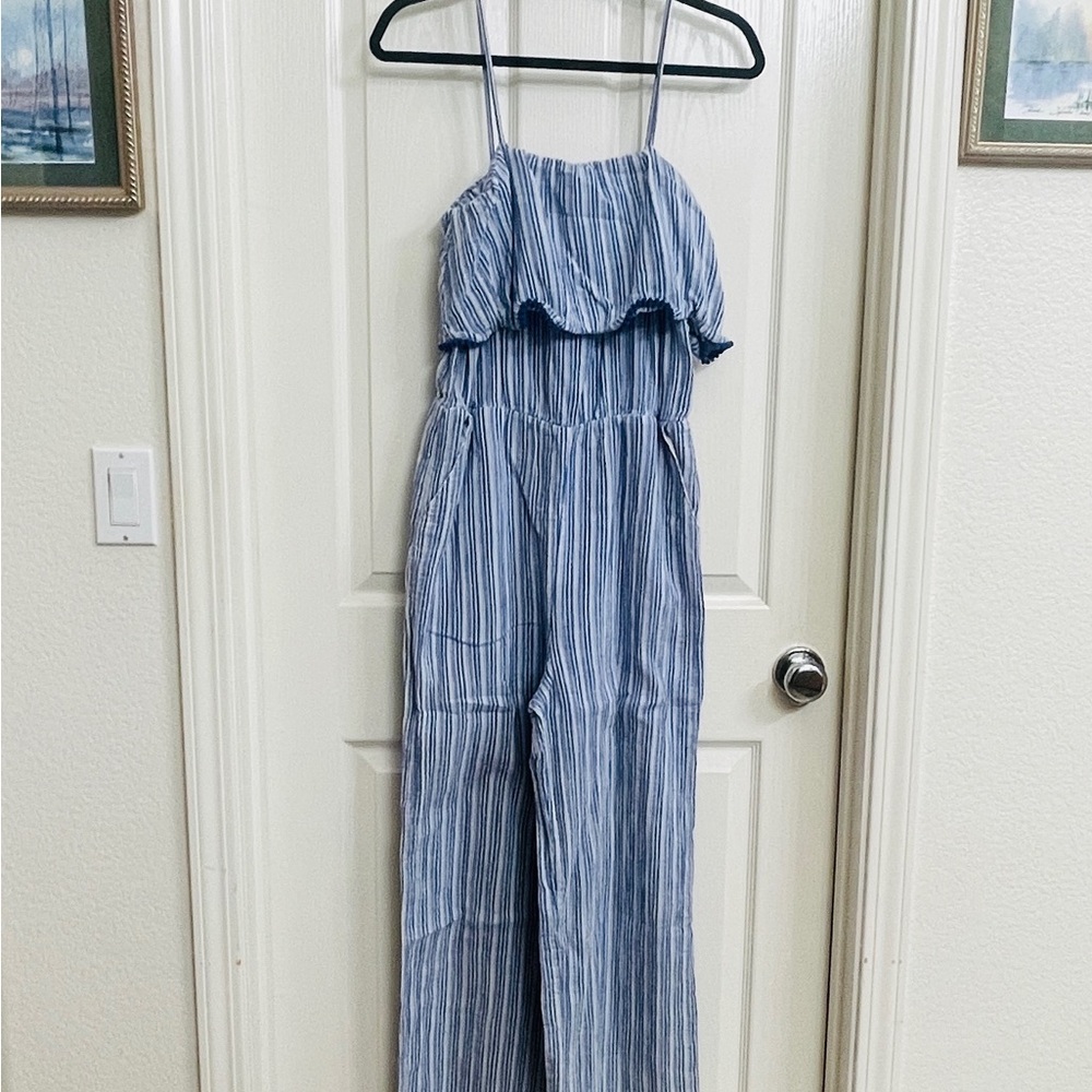 a new day Women's Blue And White Striped Jumpsuit Size Medium